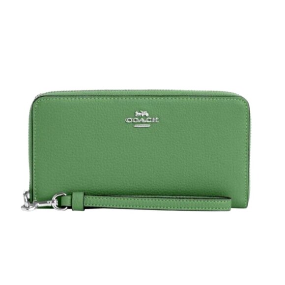 New Coach C4451 Long Zip Around Pebble Leather Wallet Soft Green - Picture 1 of 4